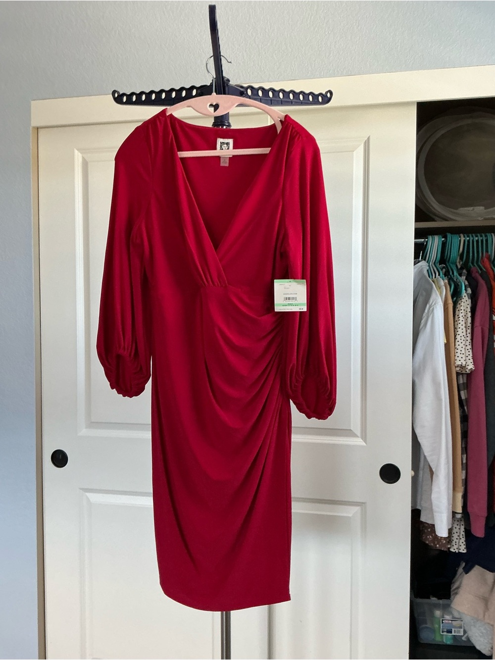 Anne Klein Red Faux-Wrap Midi Dress with Bishop Sleeves